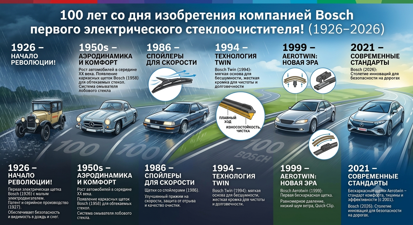 Сто лет со дня изобретения компанией Bosch первого электрического стеклоочистителя! Сто лет со дня изобретения компанией Bosch первого электрического стеклоочистителя!
